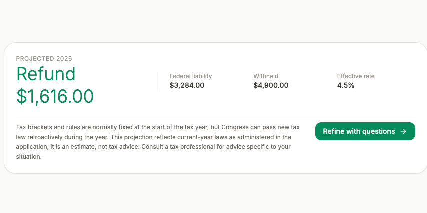 EasyRefund projected tax refund summary